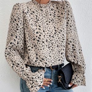 SHEIN Tan with Black Floral Print Blouse Large